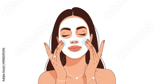 Beautiful young woman applying a white nourishing face mask on her cheeks while relaxing and practicing her daily skincare routine.