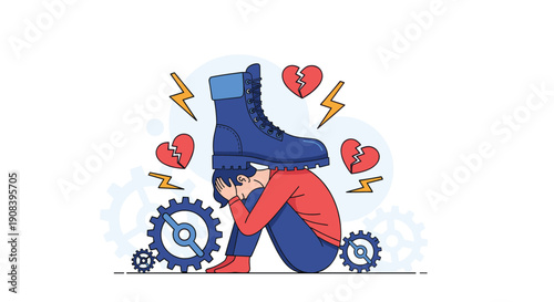 Depressed man sitting on the ground and being crushed by a giant blue heavy boot as a symbol of life pressure and stress.