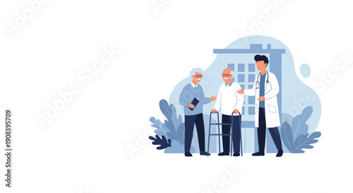 Professional male doctor in a white coat talking with a senior couple in front of a modern medical clinic or hospital building.