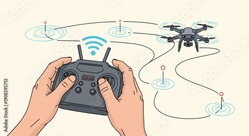 First person view of hands operating a remote control to pilot a modern quadcopter drone through the air on a set flight path.