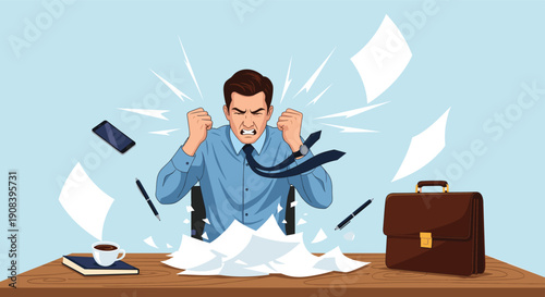 Stressed and angry businessman shouting while sitting at his office desk with documents and objects flying through the air.