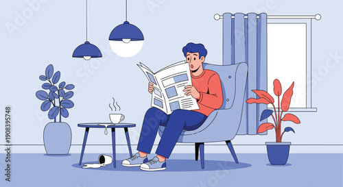 Surprised man sitting in a blue armchair reading a newspaper while accidentally spilling coffee from a cup on the table.