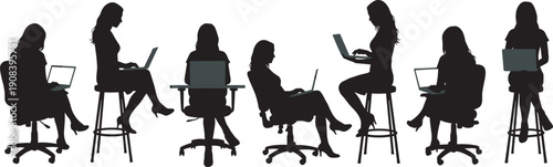 Woman working on laptop silhouette set, female office worker sitting poses, remote work business vector illustration