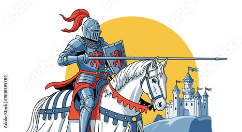 Noble medieval knight in full steel armor rides a white horse toward a majestic castle under a large yellow sun in the sky.