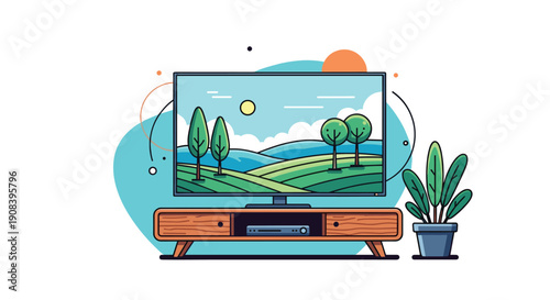 Modern flat screen television displays a serene nature landscape with rolling hills and green trees in a cozy living room setting.