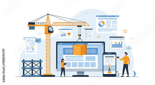 Digital construction concept shows a large crane building a website on a computer monitor with professionals working nearby.