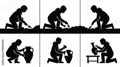 Archaeologist excavation process silhouette set showing digging discovery and artifact restoration stages isolated on white background flat vector illustration