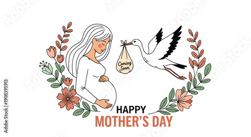 Beautiful pregnant woman looks down at her stomach while a stork flies nearby with a bundle for a happy mother's day celebration.