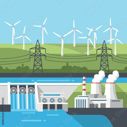 Nuclear Power Plant with Wind Turbines.