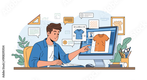 Creative fashion designer uses a computer and various tools to create new apparel designs for t-shirts in a workspace setting.