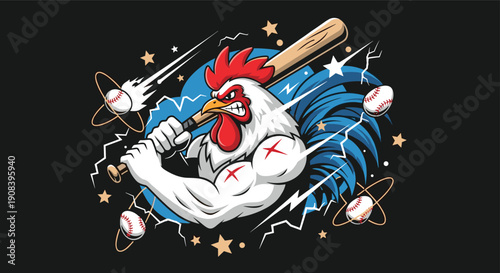 Powerful cartoon rooster dressed in baseball gear swings a bat with electric energy and flying balls on a dark background.