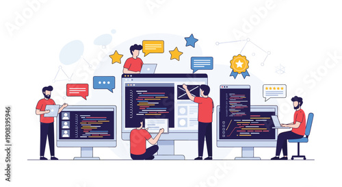 Team of software developers works on coding and website design across several monitors with achievement icons in the background.