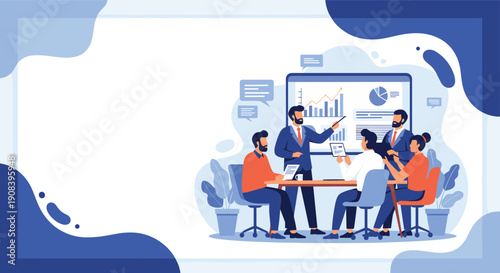 Corporate team participates in a business meeting where a leader presents financial data and charts on a large digital screen.