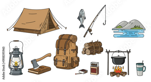 Collection of outdoor camping gear features a canvas tent, backpack, fishing rod, axe, and a cooking pot over a blazing fire.