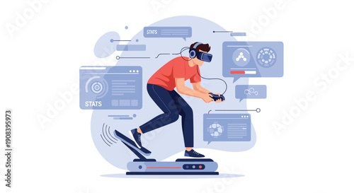 Young man uses a virtual reality headset and hand controller while running on a treadmill in a futuristic digital environment.