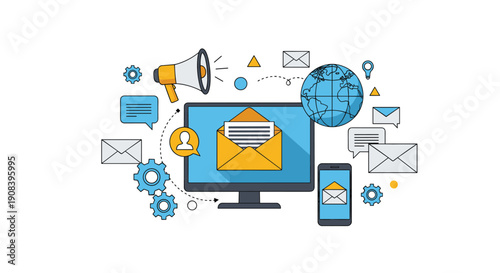 Global digital marketing and communication concept includes a computer, smartphone, megaphone, and various email icons in air.