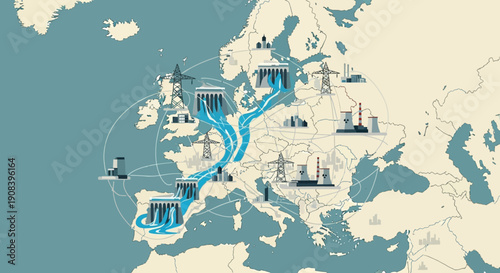 Blue River Flowing Through Europe Map.