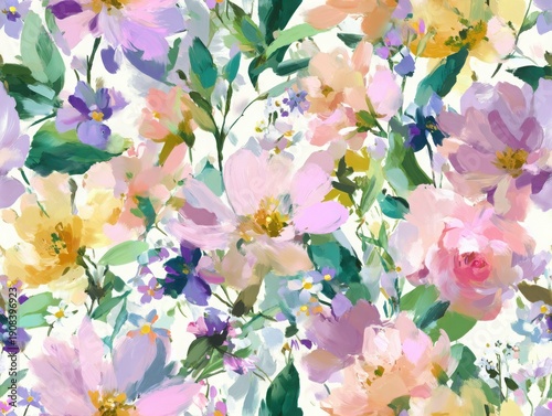 Elegant, chic, vintage seamless repeatable pattern featuring large blooms and small wildflowers in shades of pale yellow, , pink, lavender, blue, and peach