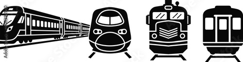 Modern High Speed Railway Train Vector Illustration Set Featuring Black Silhouette Locomotives Passenger Rail Cars and Public Transport Commuter Systems for Travel and Logistics Design