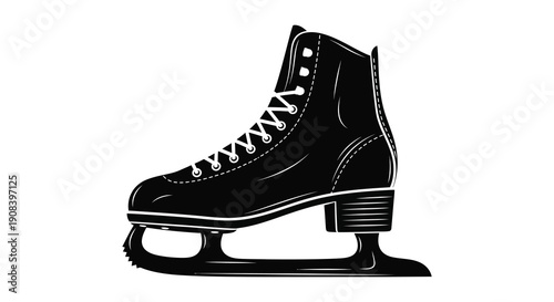 A detailed black and white illustration depicts a single ice skate showcasing its laces blade and classic design