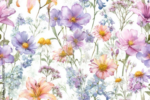Elegant, chic, vintage seamless repeatable pattern featuring lilies, corn marigolds, bluebells, yarrow, foxgloves, baby's breath, poppies, daisies, orchids, cosmos, and sunflowers
