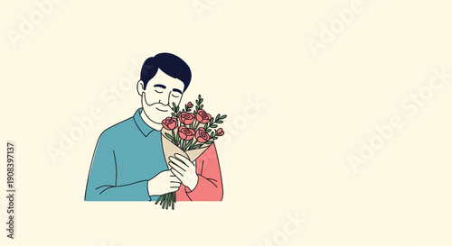 Bearded man with eyes closed peacefully smelling a beautiful bouquet of pink roses for romance and happiness concept.