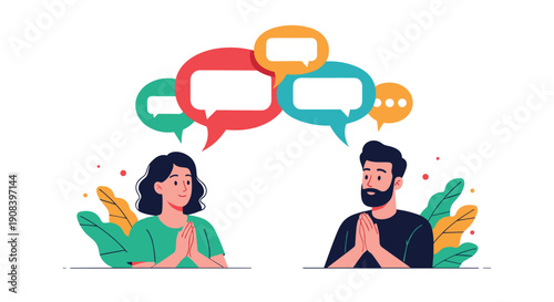 Man and woman in a friendly conversation with multiple colorful speech bubbles appearing above them to represent active communication.