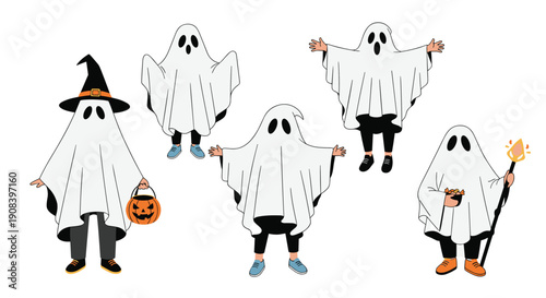 Five cute children dressed in white ghost costumes holding buckets and a magic staff for halloween trick or treating fun.