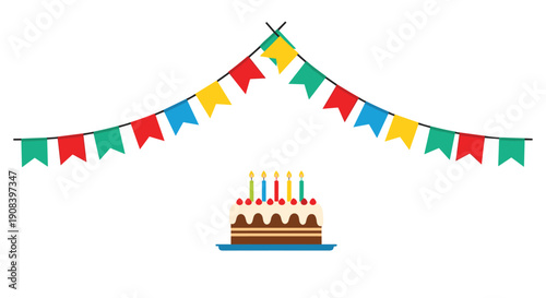 Delicious chocolate birthday cake with five lit candles placed under a colorful bunting flag decoration on a white background.
