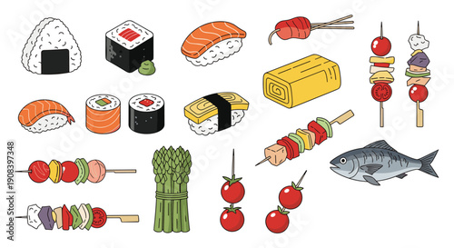 Large collection of various japanese food items including sushi rolls onigiri tamagoyaki skewers fish and asparagus.
