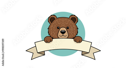 Cute brown bear peeking over a blank beige ribbon banner with a teal circular background for announcements or name tags.