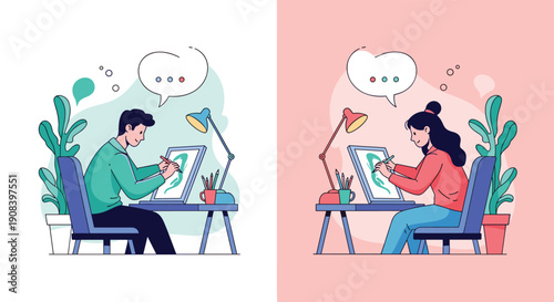 Professional male and female digital artists sitting at desks and drawing on graphic tablets in their creative studio space.