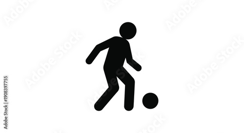 A simple black silhouette depicts a person actively kicking a small circular object likely a ball high quality