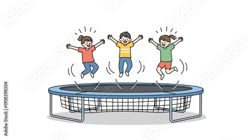 Joyful children jumping high and playing together on a large outdoor trampoline in a garden setting with green grass.