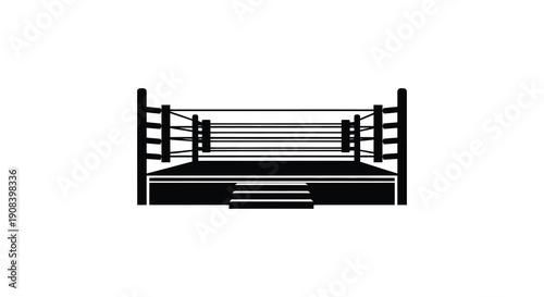A minimalist black and white illustration depicts a boxing ring showcasing the ropes posts and platform high quality