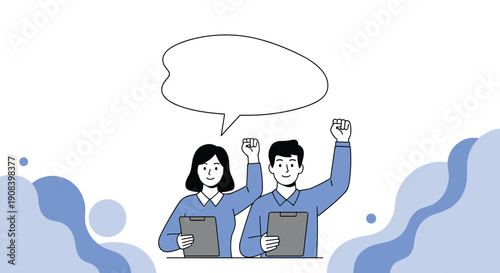 Energetic businessman and businesswoman in blue shirts raise their fists in a determined gesture with a large blank speech bubble above them.