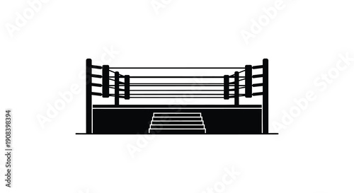 A minimalist black and white illustration depicts a boxing ring with ropes corner posts and steps high quality