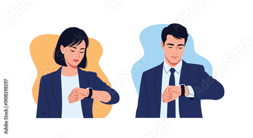 Professional businesswoman and businessman are both focused on checking their wristwatches or smartwatches while standing against colored backgrounds.