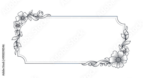 Beautiful rectangular frame is elegantly decorated with detailed hand-drawn black and white floral arrangements in two opposite corners.