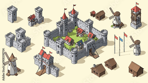 Detailed isometric collection of medieval castle components including walls towers houses windmills and gates.