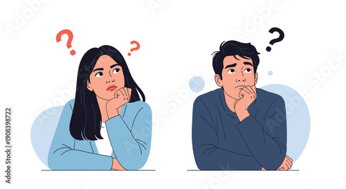 Thoughtful young woman and man are shown looking upwards with fingers on their chins and colorful question marks above their heads.