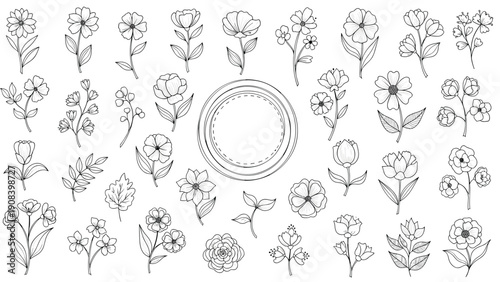 Extensive collection of delicate hand drawn floral sketches featuring various flowers leaves and botanical elements.