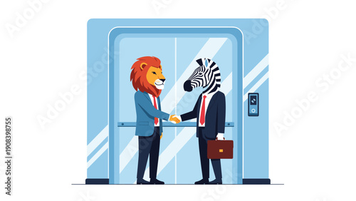 Surreal business concept featuring a lion and a zebra in suits shaking hands in front of modern elevator doors.