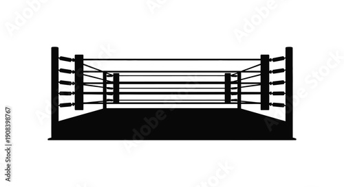A stark black and white illustration depicts a boxing ring showcasing its ropes posts and platform high quality