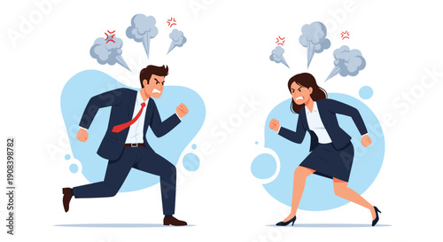 Furious businessman and businesswoman are shown running towards each other with clenched fists and clouds of anger above their heads.