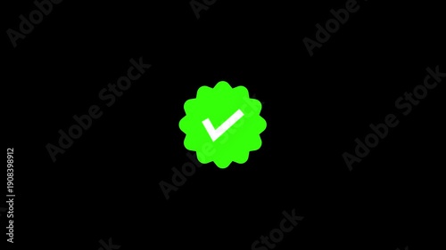 Green check mark verification badge animation isolated on black background. Approval, success, confirmation, and validated status concept motion graphic for web and mobile interfaces.