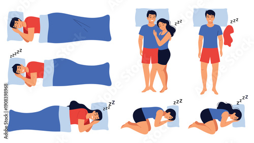 Collection of diverse people and a couple demonstrating various sleeping positions and rest habits in a blue bed.