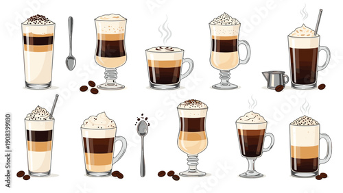 Collection of various coffee drinks in glass cups featuring latte layers whipped cream and scattered roasted beans on white background.