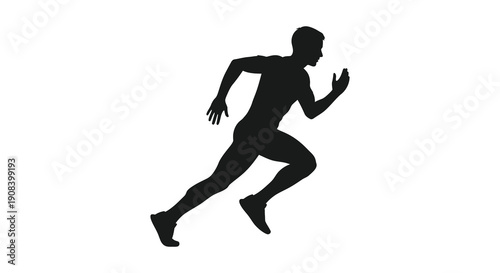 A stark silhouette of a man dynamically running captured in a minimalist black and white style against a white background