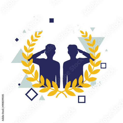 Two soldiers saluting within a laurel wreath, symbolizing honor and victory, with geometric background.